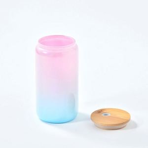 Mug à sublimation 16 oz, en verre coloré, en forme de canette de bière, avec revêtement pailleté brillant et couvercle en bambou - Product Image 4