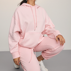 ชุดเซ็ตเสื้อฮู้ดดี้แขนยาวทรงหลวมพิมพ์ลายพัฟฟ์ผ้าฝ้ายฟลีซเนื้อหนาสำหรับผู้หญิง คุณภาพสูงแบบสั่งทำพิเศษ - Product Image 2