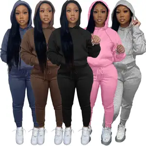 Sudadera con capucha personalizada Ropa de invierno para mujer 2024 Crop Jogger Grueso Fleece Algodón Pantalones de dos piezas Conjunto de pantalones de chándal y Sudadera con capucha