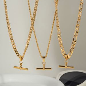 Collar con colgante de barra en T de cadena cubana Figaro de 18K, collar con colgante de barra en T de acero inoxidable para mujer - Product Image 3