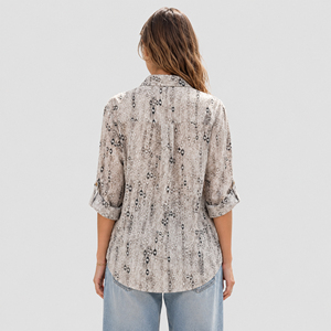 Camisa con estampado Ikat abstracto para <span class=keywords><strong>mujer</strong></span>, blusa <span class=keywords><strong>de</strong></span> mezcla <span class=keywords><strong>de</strong></span> <span class=keywords><strong>lino</strong></span> con botones dorados, manga enrollable, top informal, chemise para <span class=keywords><strong>mujer</strong></span> - Product Image 4