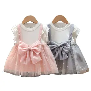 Fuyu Summer Boutique Baby Girls Crianças Manga Curta Bowknot Lace Dress Doce Novos Vestidos para Crianças