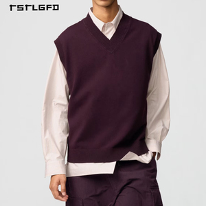 Chaleco de Punto Personalizado Extra Grande con Cuello en V, de Peso Medio, Color Sólido, Hombros Caídos, para Hombre - Product Image 3