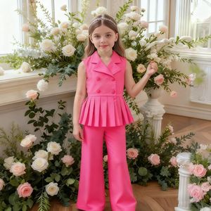 Completo estivo per ragazze, top senza maniche con colletto, pantaloni a gamba larga, stile alla moda e <span class=keywords><strong>trendy</strong></span>, set di <span class=keywords><strong>abbigliamento</strong></span> per ragazze 2-8 anni - Product Image 4