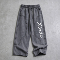 Pantalon de survêtement épais en coton 100% de haute qualité, 360 grammes, décontracté, délavé, avec bords bruts, patchwork et poches, pour le fitness