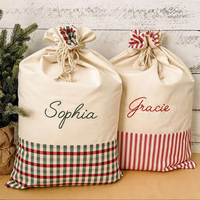 Sac de Noël personnalisé en toile écologique, motif écossais et rayures, patchwork, cordon de serrage, nom brodé sur mesure, sac cadeau d'usine
