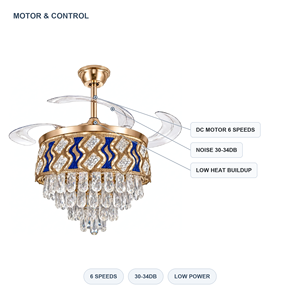 Ventilateur de plafond avec lustre en cristal, pales rétractables, 42 pouces, 6 vitesses, moteur DC, LED dimmable, luxe moderne - Product Image 4