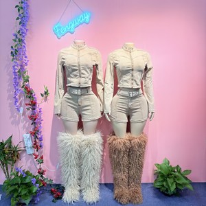 2026 Neue Damen 2-Teilige Sets Denim-Shorts-Set mit Langarm-Oberteil und Stretch-Shorts mit Gürtel - Product Image 1