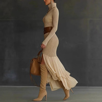 Robe plissée côtelée à col roulé pour femme, style bohème, collection Printemps/Automne/Hiver 2026, en stock usine, transfrontalière Europe/Amérique