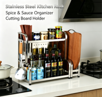 Étagère de rangement de cuisine en acier inoxydable à 2 niveaux, organiseur de condiments, support pour bouteilles et bocaux avec repose-baguettes et cuillères