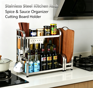 Étagère de rangement de cuisine en acier inoxydable à 2 niveaux, organiseur de condiments, support pour bouteilles et bocaux avec repose-baguettes et cuillères - Product Image 2
