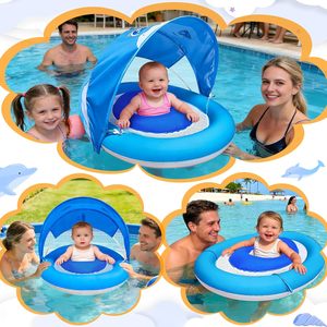 Flotteur de piscine pour bébé en forme de dauphin bleu avec auvent solaire réglable UPF50+ et deux chambres à air - Product Image 6