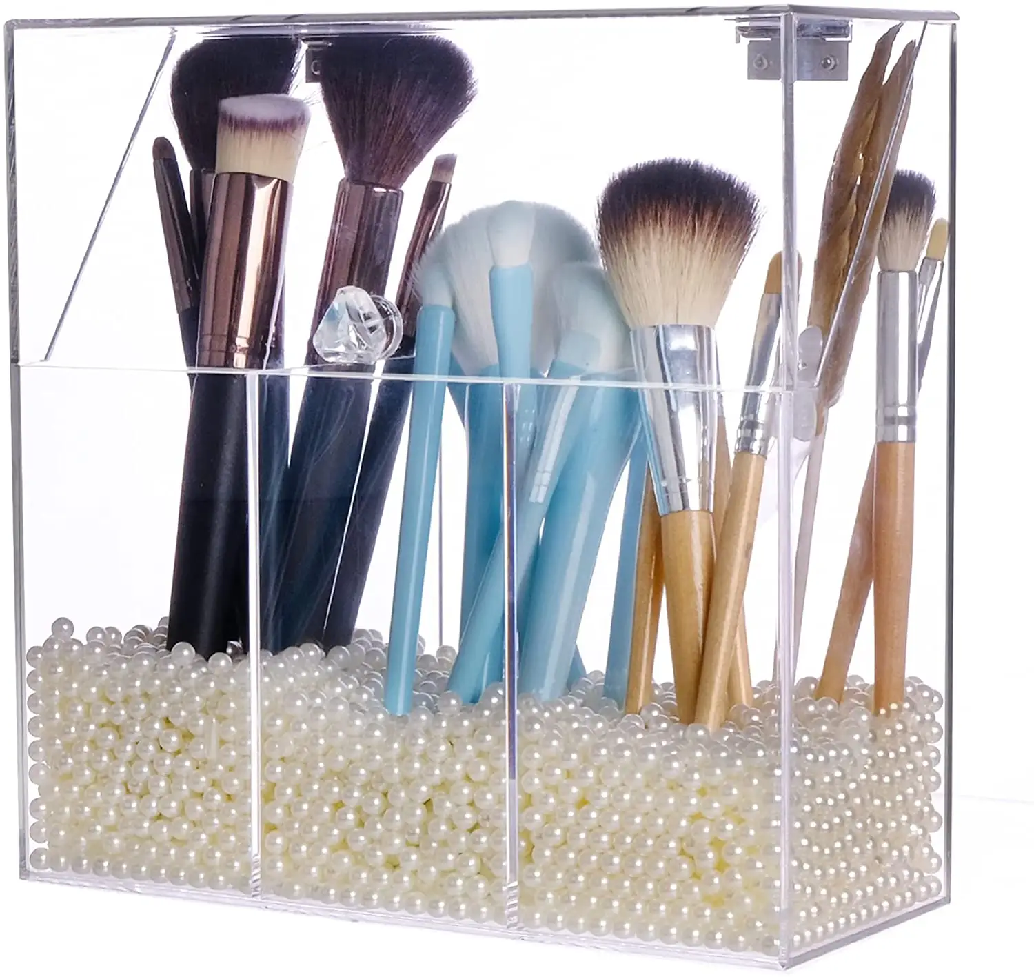 Makeup Brush Holders With Cover Dust-Proof Lid Acrylic Makeup Storage Box With Pearls Beads Large Capacity Brush Organizer