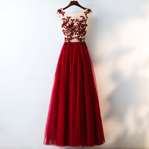 Burgundy Evening Gown Scoop Neck Floral Print Tulle Skirt Long Dress For Reunion Events - Product Image 1