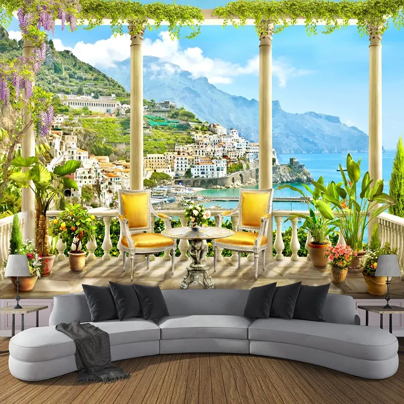 Custom Muurschildering Papel De Parede 3D Romeinse Kolom Balkon Zee View Woonkamer Sofa Tv Achtergrond Foto Behang Voor Slaapkamer muren