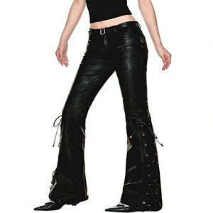 Pantalon noir en cuir écologique style gothique taille haute coupe droite avec boutons et lacets sur le devant, longueur intégrale, coupe skinny pour femme - Product Image 1