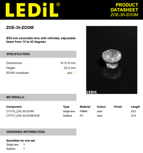 Lentilles LED Ledils C17716_ZOE-30-ZOOM en PMMA, lentille ronde simple de 31,6 mm (D), angle de faisceau de 16,97°, 13-42 pour l'éclairage LED - Product Image 2