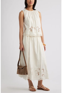 Women's Cream A-Line Mid-Calf <b>Skirt</b> With Embroidery Elastic Waist Bohemian Style All Seasons Wear - Product Image 3