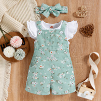 Setelan Kembar Anak Perempuan Amerika Eropa, Koleksi Musim Panas Terbaru, Katun Bergaris Motif Bunga, Tanpa Lengan, Overall Tali Selempang, Dua Potong