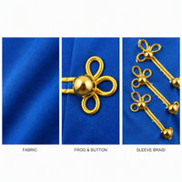 Blazer bleu unisexe avec garniture grenouillère dorée, col montant, veste uniforme à bandes, boutons à boule, tresse sur les manches, costumes de scène et de danse