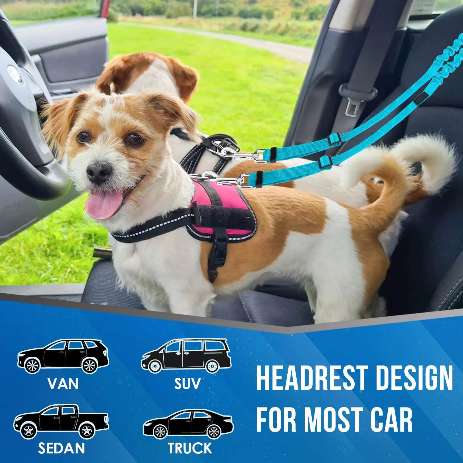 Sabuk pengaman sandaran kepala mobil hewan peliharaan ganda baru tali anjing pengaman tugas penyesuaian elastis Bungee Harness dalam perjalanan untuk 2 anjing