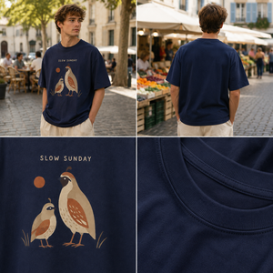 Custom Navy Bird Graphic T Shirt Factory Slow <strong>Sunday</strong> Text Bird Illustration Crew Neck Drop Shoulder Short Sleeve OEM - Product Image 2