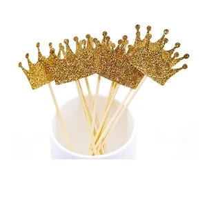 Vrise 10pcs Wedding Glitter Gold Crown Cake Topper For Baby Shower Birthday Party Decoration