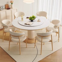 Ensemble de meubles de salle à manger extensible et pliable de style nordique moderne, table ronde aspect marbre avec base sur piédestal, 4 chaises avec structure en bois