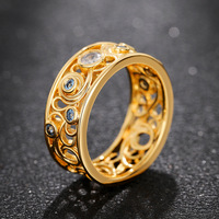 Bague en filigrane de zircone cubique bleue pour femme, 18 mm, laiton plaqué or ajouré vintage, or