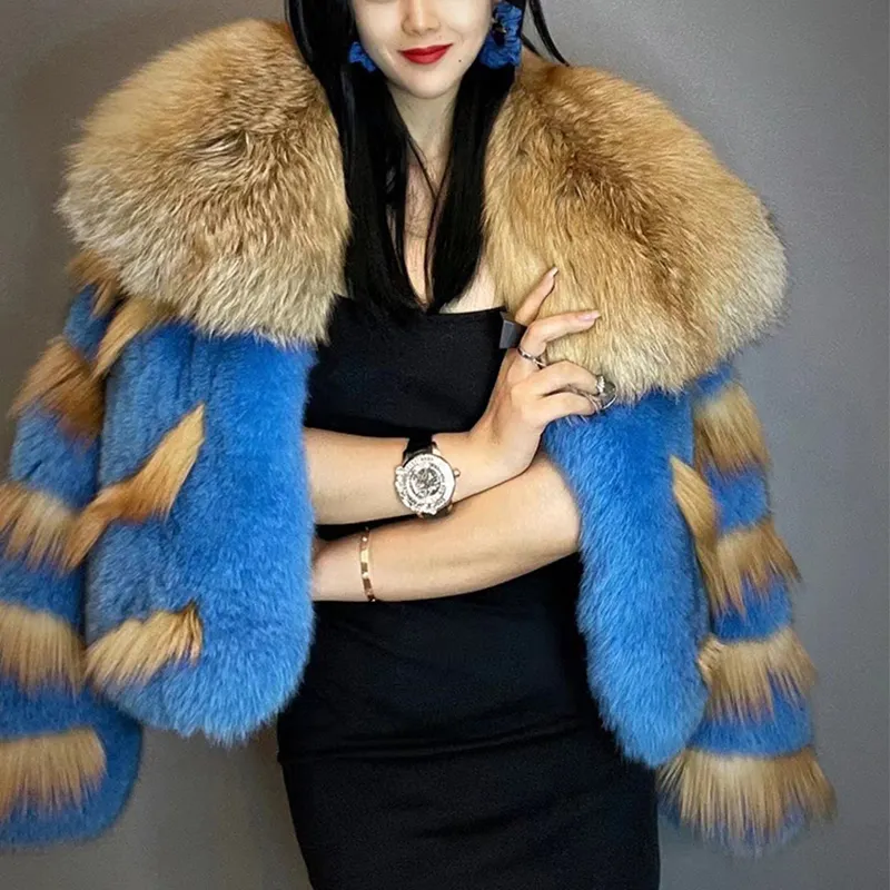 2022 New Collection Women's Winter Super Luxury Real Fox Fur Jacket Full Fox Fur Skin Coat With Huge Natural Red Fox Fur Collar