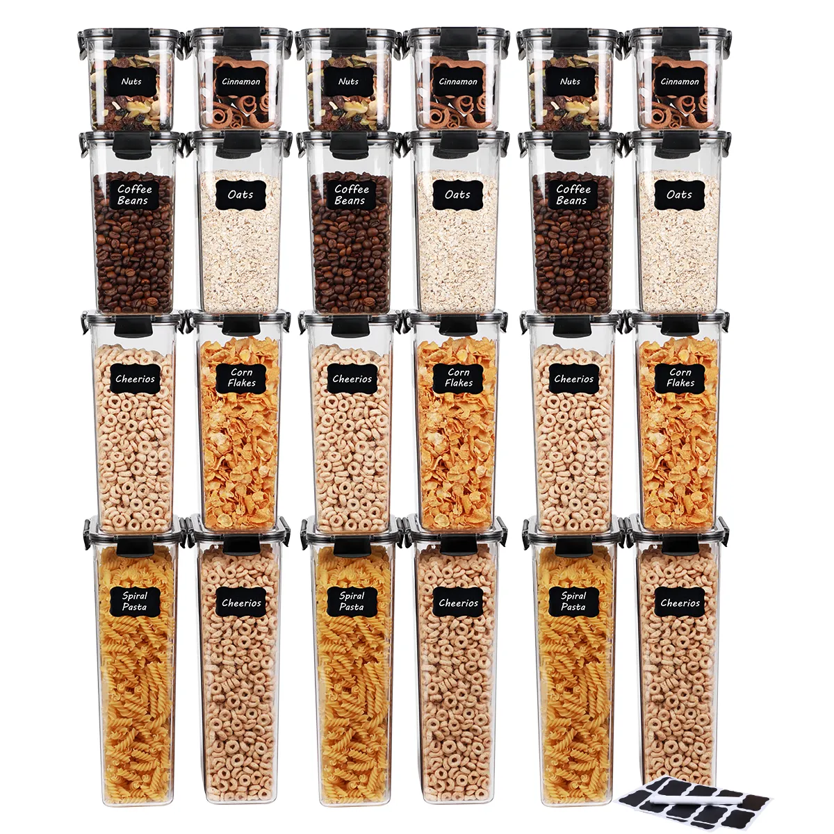 Conjunto de recipientes de armazenamento de alimentos, 24 pacotes, recipientes de cereal de plástico, conjunto de armazenamento com tampas, recipiente de espaguete sem bpa