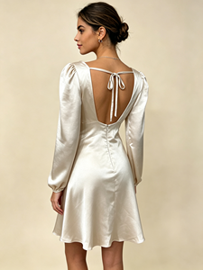 Women Satin Mini <b>Dress</b> Deep V Neck Puff Long Sleeve <b>Elastic</b> Cuff Ruched Bust Flared Hem Elegant <b>Dress</b> - Product Image 3