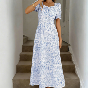 Vestido <span class=keywords><strong>de</strong></span> Verano Personalizado para Mujer, Manga Corta Abullonada, Estampado Floral, Fruncido, con Abertura Alta, Largo Maxi, <span class=keywords><strong>Vestidos</strong></span> Casuales <span class=keywords><strong>de</strong></span> <span class=keywords><strong>Fiesta</strong></span> - Product Image 5