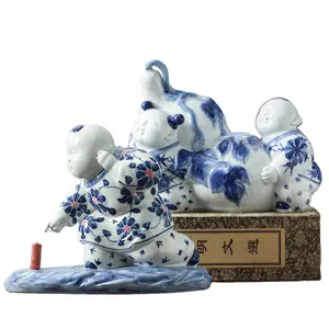 Jingdezhen Blue and White Porcelain Wedding Gift Ornaments Children's Interest Ceramic Doll Ornaments for Home Living Room