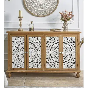 INNOVA HOME Dining Room Large Rustic Hand Carved Door Natural Colour Wood Sideboard Cabinet
