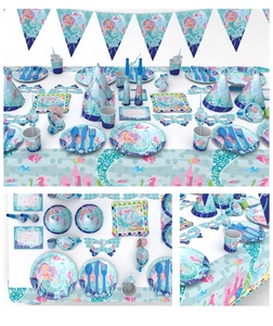 Commercio all'ingrosso del fumetto a tema little mermaid festa di compleanno del partito della decorazione set piatti bicchieri di carta da tavola set - Product Image 6