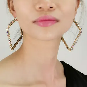 Wholesale Exquisite Womens Fashion Big Trendy Gold Square Full Rhinestone Hoop Earrings Geometric Diamond Jewelry Charms