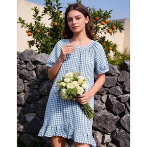 Chemise de nuit en coton à carreaux pour femme, manches courtes, boutonnée, avec poches, robe de nuit d'été à volants, style loungewear - Product Image 4