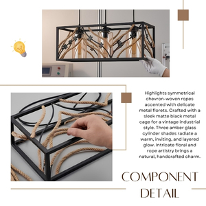 Lámpara Colgante Rectangular de 3 Luces para Isla de Cocina, Estilo Vintage con Cuerda Floral, de la Mejor Calidad - Product Image 3