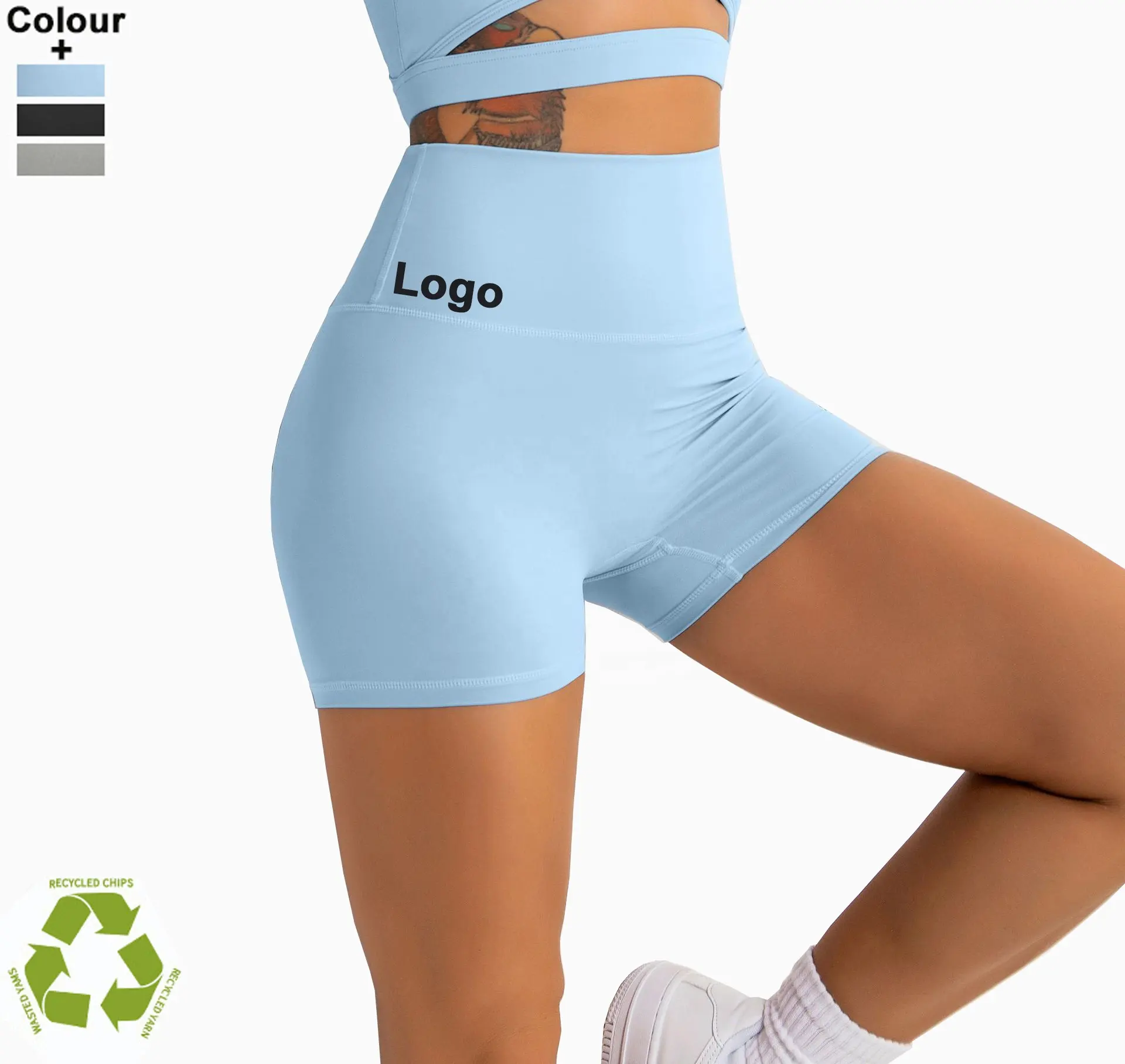 Shorts de cintura alta de nylon reciclado, ecológico, roupas de yoga, roupa esportiva amigável, calções para mulheres