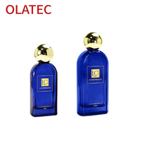 Botol Parfum Kaca Biru Persegi Pipih OLATEC 40 100ML dengan Tutup Bola Emas, Opsi Logo Kustom, Wadah Parfum Mewah