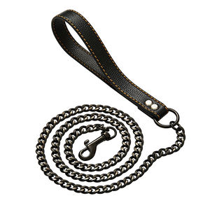 Correa de perro de cadena de color dorado y plateado de acero inoxidable con asa de cuero para perros pequeños, medianos y grandes - Product Image 2