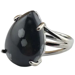 Top Quality Natural Snowflake Stone Tear Drop Shape Silver Plated Gemstone Ring Engagement Wedding Men Adjustable Finger Rings