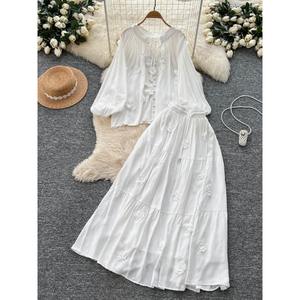 Sanfter Stil Elegantes 2-teiliges Set Damen Herbst Sweet 3D Flower Tie Laterne Ärmel Top Hohe Taille Ausgestellter Midirock - Product Image 3