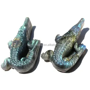 Wholesale Cheap Price Natural Gold and Blue Flash Labradorite Crystal Crocodiles Carving For Home Decoration