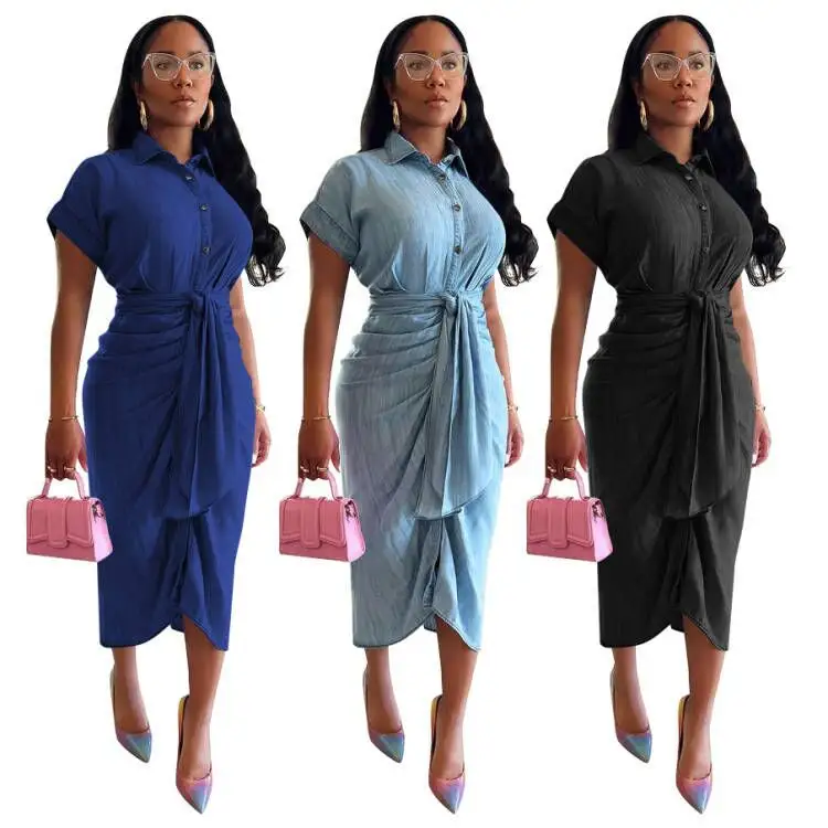 S to 2XL Wholesale Button Women Midi Ladies Shirt Blue Jean Denim Dress