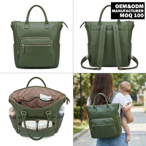 <span class=keywords><strong>Mochila</strong></span> de pañales impermeable de cuero vegano PU color oliva, personalizada de fábrica OEM/ODM, para hospital, mamá y recién <span class=keywords><strong>nacido</strong></span>, con asa superior - Product Image 1