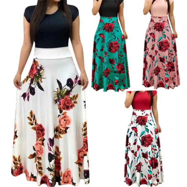 Floral Maxi Evening Party Dresses Women Summer Beach Casual Stitching Print Long Dresses Women