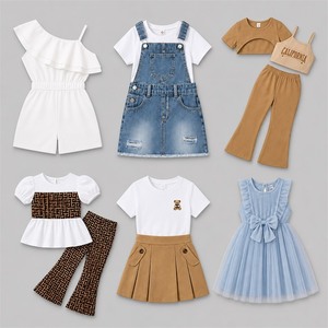 Vente en gros d'ensembles de robes en coton pour enfants avec t-shirt, jupe, salopette et pantalon pour filles, tenues d'été - Product Image 1