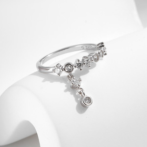Women's 925 Silver Round Zircon Tassel Engagement Ring Romantic Prong Setting Rhodium Plated Jewelry - Product Image 3